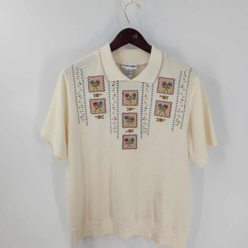 Vintage 90's Alfred Dunner Embroidered Floral Pullover‎ Blouse Top Ivory Size M